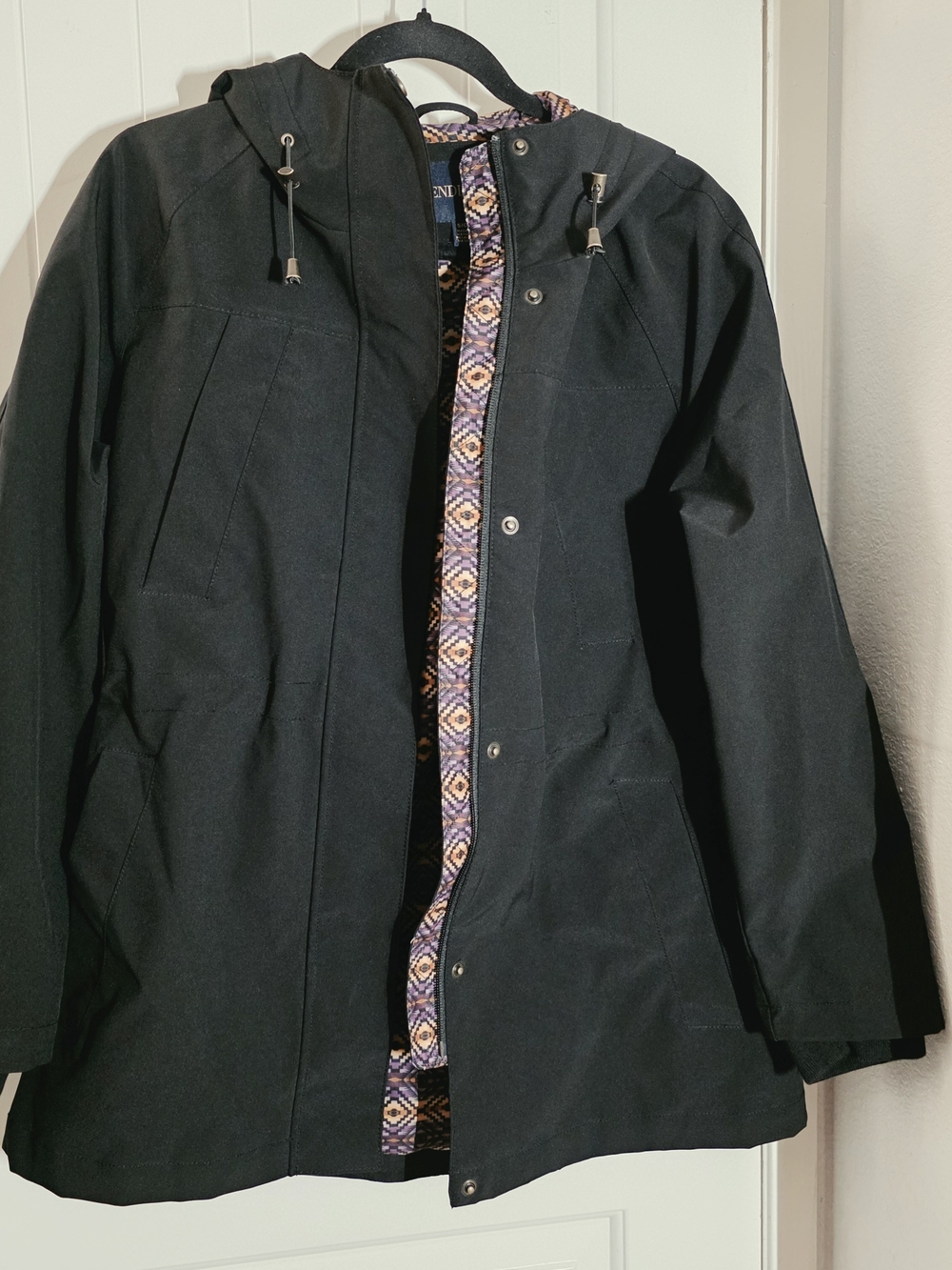 Pendleton Black Hooded Raincoat with Patterned Trim